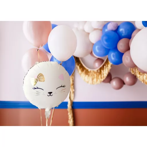 PartyDeco aranyos fehér cicás kerek fólia lufi kislányok szülinapjára