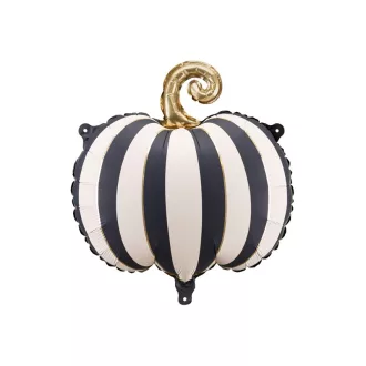 Fekete-krém csíkos tök fólia lufi arany szárral (39x38 cm) - elegáns halloweeni dekoráció