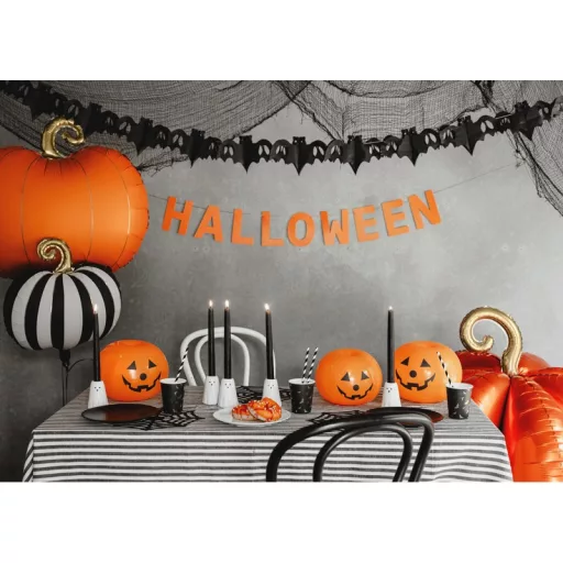 Fekete-krém csíkos tök fólia lufi arany szárral (39x38 cm) - elegáns halloweeni dekoráció