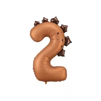 Dinoszaurusz 2-es szám fólia lufi, barna színben, vagány dínós szülinapi parti dekoráció kisfiúknak, 92 cm