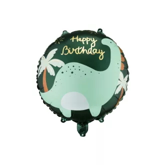 Kerek Happy Birthday fólia lufi brontoszaurusz mintával, vagány dínós szülinapi parti dekoráció gyerekeknek, 35x35 cm