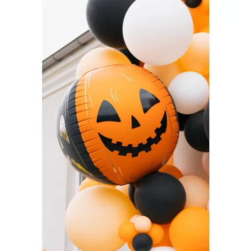 Gömbölyű ijesztő tökök fólia lufi, narancssárga, fekete színben, vidám halloweeni parti dekoráció gyerekeknek, 50 cm