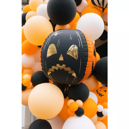 Gömbölyű ijesztő tökök fólia lufi, narancssárga, fekete színben, vidám halloweeni parti dekoráció gyerekeknek, 50 cm