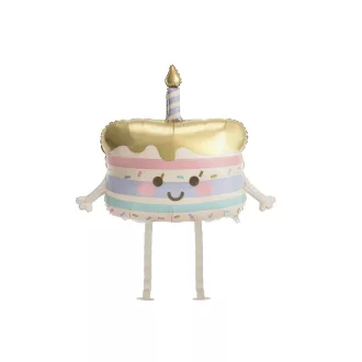 Sétáló torta fólia lufi bézs színben, színes konfettivel és arany mázzal, interaktív szülinapi parti dekoráció gyerekeknek, 67x57 cm