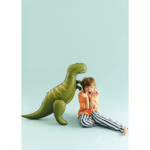 Többrészes álló T-Rex fólia lufi, zöld színben, hatalmas dinoszauruszos parti dekoráció gyerekeknek, 93x79 cm