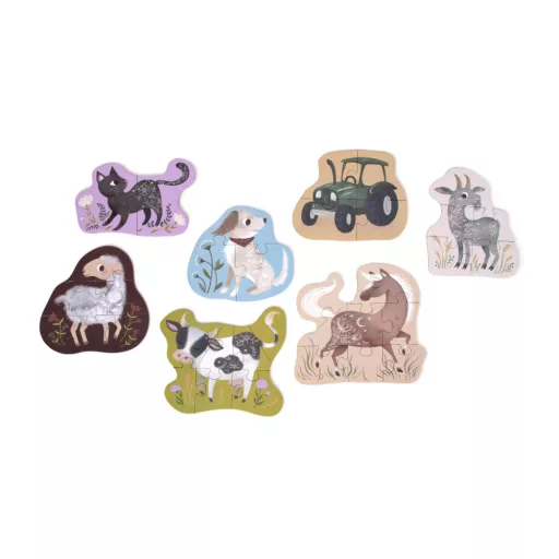 Filibabba Farm Animals 7 darabos progresszív gyerek puzzle készlet kézzel rajzolt tanyasi állatokkal