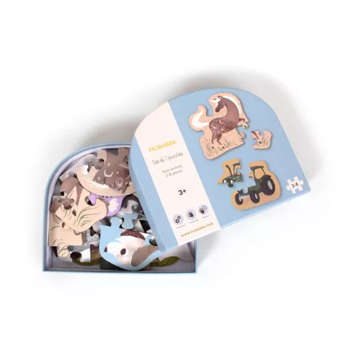 Filibabba Farm Animals 7 darabos progresszív gyerek puzzle készlet kézzel rajzolt tanyasi állatokkal