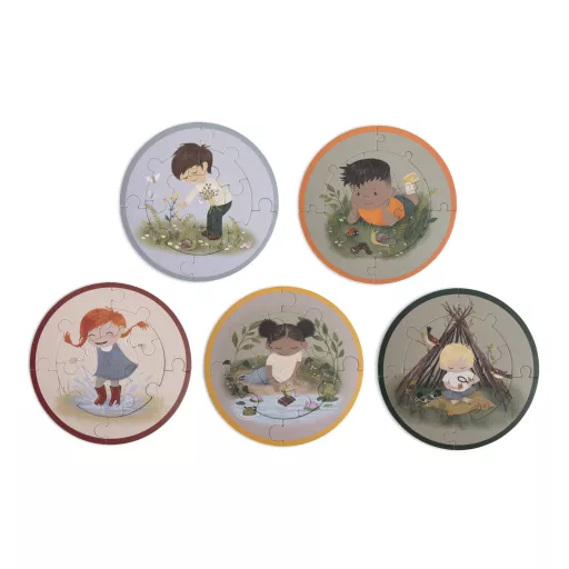 Filibabba Small Adventurers kerek puzzle készlet Kis kalandorok állatmintával 5 darab 9 elemű kirakóval