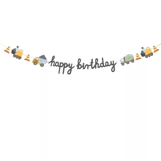 PartyDeco sárga fekete munkagépes Happy Birthday feliratos girland füzér fiús szülinapra