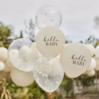Ginger Ray Hello Baby taupe bézs és átlátszó fehér felhőkonfettis babaváró luficsomag