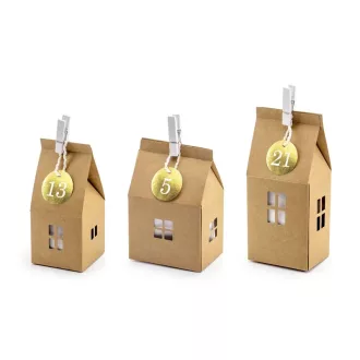 Kraft papír házikós DIY adventi naptár szett arany és fehér kiegészítőkkel (24 db) - kreatív karácsonyi várakozás
