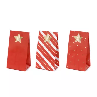 Piros és arany adventi naptár papírtasak szett számozott matricákkal (24 db) - klasszikus karácsonyi DIY csomagolás