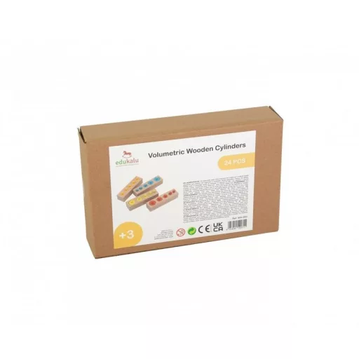 Andreu Toys Montessori fa térfogat hengerek fejlesztő játék 4 alappal és 20 színes hengerrel, 15x4 cm, 24 db