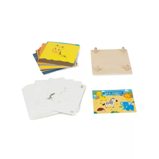 Andreu Toys vadállatos fa forma- és színpárosító logikai és memóriajáték cserélhető sablonokkal, 15x15 cm