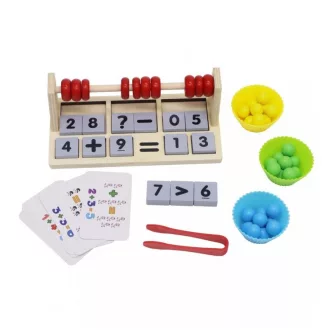 Andreu Toys Montessori fa oktatójáték matematikai műveletek golyókkal, tálkákkal és csipesszel, 22x7,5 cm