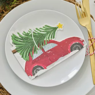 Ginger Ray Merry Little Christmas fenyőfát szállító piros karácsonyi autós papírszalvéta 16 db