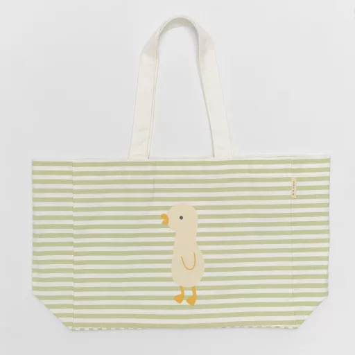 Sunnylife Duck Sage Stripe zsályazöld csíkos kacsás pamut vászon gyerek strandtáska