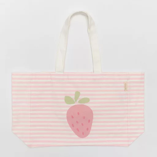 Sunnylife Strawberry Sunshine epres rózsaszín csíkos pamut vászon gyerek strandtáska