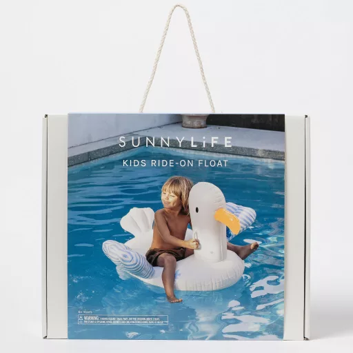 Sunnylife Sammy the Seagull kék csíkos ráülős felfújható gyerek matrac kapaszkodókkal