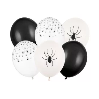 PartyDeco fekete és fehér pókos halloweeni lufi csomag 6 darabos