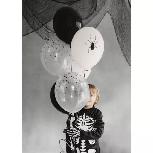 PartyDeco fekete és fehér pókos halloweeni lufi csomag 6 darabos