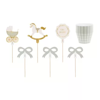 PartyDeco Oh Baby feliratos arany muffin és tortadísz szett babaváró bulira